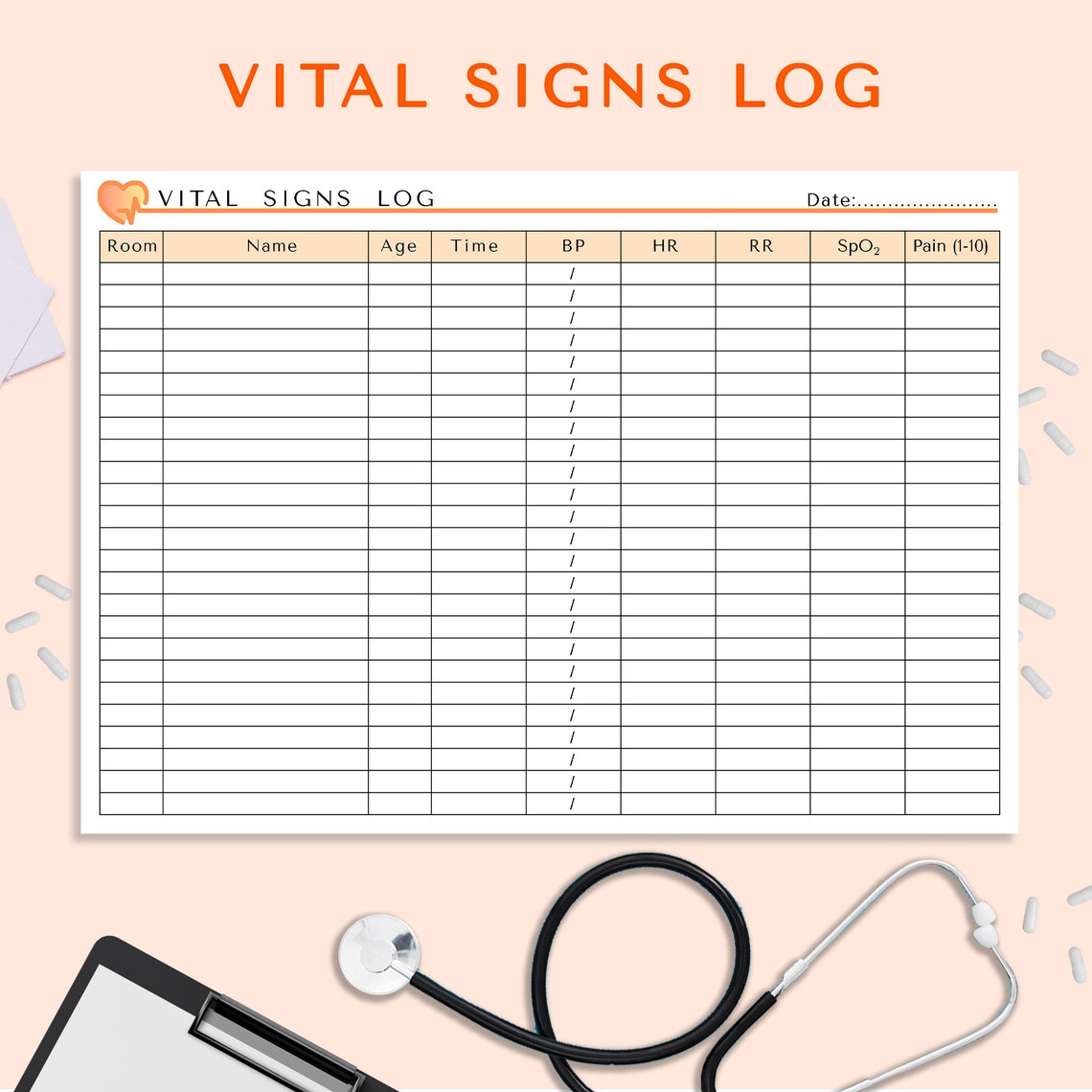 Vital Signs Log, Nursing Vitals Sheet, CNA Vitals Sheet, Patient Vitals ...