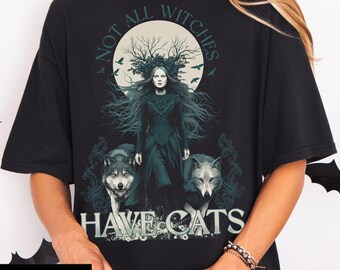 Gothic Witch Wolves Comfort Colors T-shirt, Shirt Not All Witches Have Cats, Vintage Halloween Graphic T-shirt, Grunge Dark Academia Aesthetic