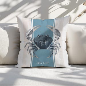 Sea Life Coastal Accent Throw Pillow cover with a scrab, Beach Decor, Vintage Marine Coastal Style for Your Home by the Sea.