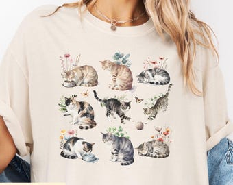 Cottagecore American Shorthair Cats Lover Comfort Colors Shirt, Watercolor Cats with Wildflowers, Gift for Cat Moms & Cat Dads