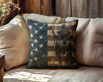 Bison Pillow Cover, Western Ranch Decor, Rustic Buffalo Pillow, American Flag Pillow, Western Home Decor, Farmhouse Throw Pillow