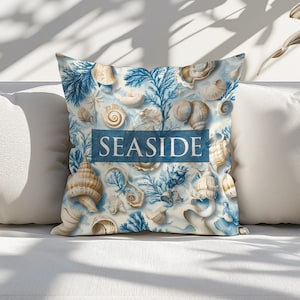 Sea shells and sea snails pillow cover, nautical sea coastal blue pillow, Beach Decor, seaside home decor accent pillow, gif for sea lovers