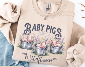 Cottagecore Schweineliebhaber Sweatshirt, “Baby Schweinchen & Wildblumen”, Aquarell Schweine in Metalleimern, Süßes Schwein Mama / Papa Geschenk