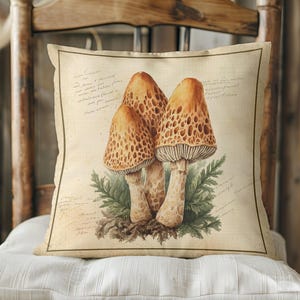 Cottagecore Mushroom Pillow Cover – Vintage Botanical Morel Cushion, Field Journal Style, Rustic Decor for Nature Lovers
