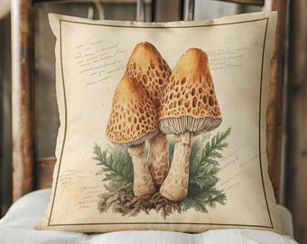 Cottagecore Mushroom Pillow Cover – Vintage Botanical Morel Cushion, Field Journal Style, Rustic Decor for Nature Lovers