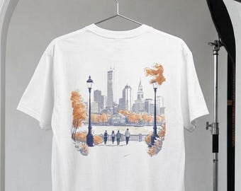 Koszulka z grafiką „Boston Skyline Autumn Park” | Dwustronna koszulka z ilustracją akwarelową