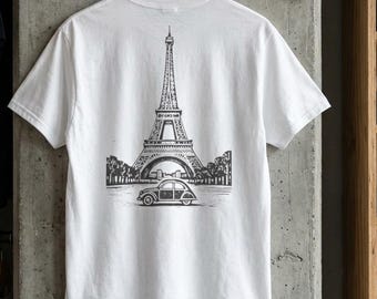 Koszulka vintage z wieżą Eiffla w Paryżu, minimalistyczna francuska koszulka podróżna