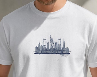 Koszulka z panoramą Nowego Jorku | Koszulka z ilustracją Statuy Wolności na Manhattanie | Pamiątkowy upominek z Nowego Jorku