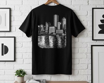 Koszulka Boston Skyline, czarna bawełniana koszulka z grafiką miejską, pamiątkowa koszulka Boston