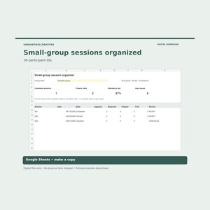 Może przedstawiać: Cyfrowy szablon arkusza kalkulacyjnego zatytułowany Small-group sessions organized, zawierający tabelę Small-group session organizer z kolumnami dla session, date, state, capacity, reserved, present, free i review. Zawiera przycisk Google Sheets make a copy.