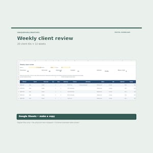 May include: A digital spreadsheet template titled Weekly client review, 20 client IDs x 12 weeks. The interface displays columns for Client ID, Record, Week date, Due, Done, Adherence, Check-in, Next action, Metric, Unit, Observed, and Change.