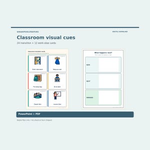May include: Classroom visual cues digital download featuring 24 transition and 12 work-step cards. The layout includes a sheet of colorful icons for entering the classroom, hanging up coats, putting away bags, sitting at desks, carpet time, and lesson time, plus a What happens next? board with Now, Next, and Finished sections.
