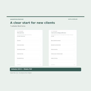 May include: A digital download set titled A clear start for new clients featuring 7 editable Word forms. The document displays two white pages with dark text, including a Welcome form and a Goals and coaching preferences form, in DOCX and PDF.