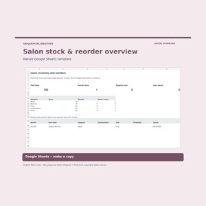 Op de afbeelding: Een digitale Google Sheets-sjabloon getiteld Salon stock & reorder overview. Het spreadsheet toont voorraadcategorieën, de status van nabestellingen en artikeldetails, waaronder SKU001, Sample item 001, categorie Retail, 0 eenheden en een nabestelactie.