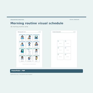 Op de afbeelding: Een digitaal visueel ochtendroutine-schema met 36 kaarten en een bord met 6 stappen. De kaarten tonen cartoonillustraties van dagelijkse taken met tekstlabels. Het pakket bevat bestanden in PowerPoint- en PDF-formaat voor digitaal gebruik.