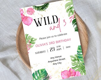 Wild and three Birthday Evite | Digital Invitation | Pink Party invite | third birthday | 3rd party | Jungle invite | Electronic Invite |