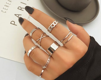 Conjunto de anillos redondos de plata de 8 piezas, conjunto de anillos punk circular, conjunto de anillos de oro, conjunto de anillos geométricos, anillos calados, conjunto de anillos múltiples, joyería de moda