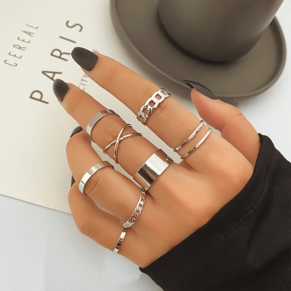 8 Pcs Silver Round Rings Set, Circular Punk Ring Set, Gold Ring Set, Geometric Ring Set, Openwork Rings, Multi Ring Set, Fashion Jewelry