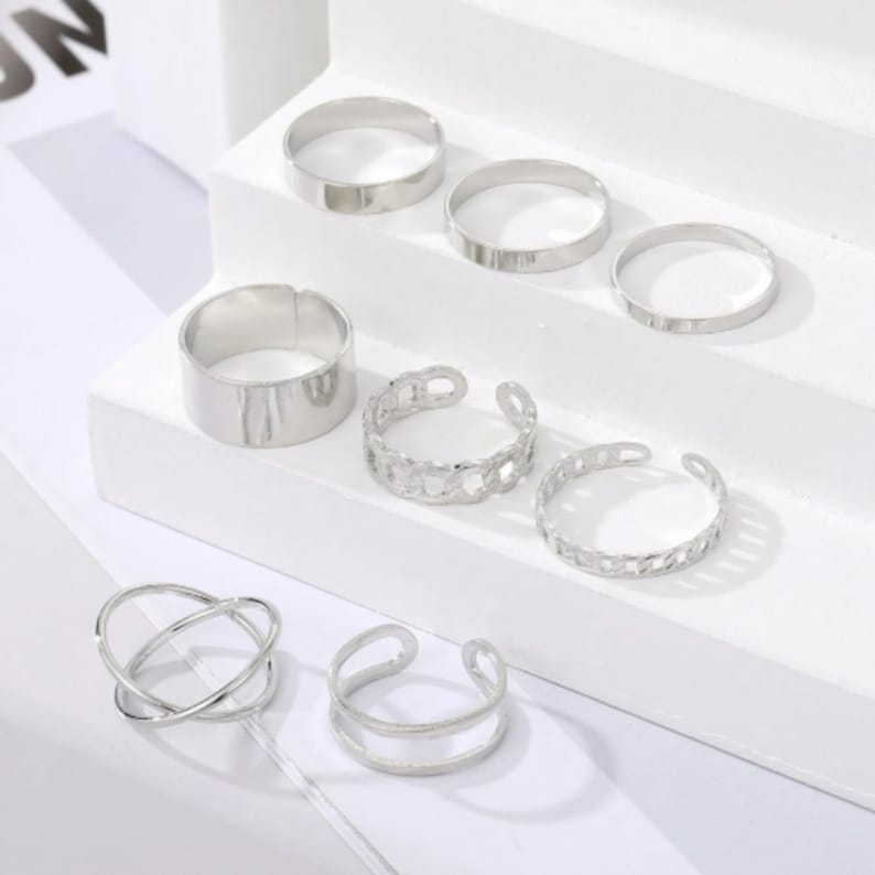 8 stuks zilveren ronde ringen set, circulaire punk ring set, gouden ring set, geometrische ring set, opengewerkte ringen, multi ring set, mode-sieraden afbeelding 4