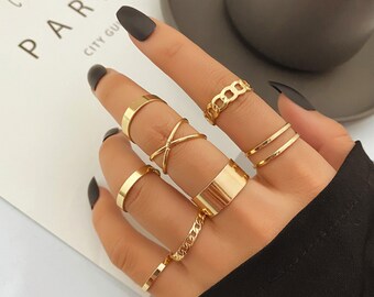 Conjunto de anillos redondos de plata de 8 piezas, conjunto de anillos punk circular, conjunto de anillos de oro, conjunto de anillos geométricos, anillos calados, conjunto de anillos múltiples, joyería de moda