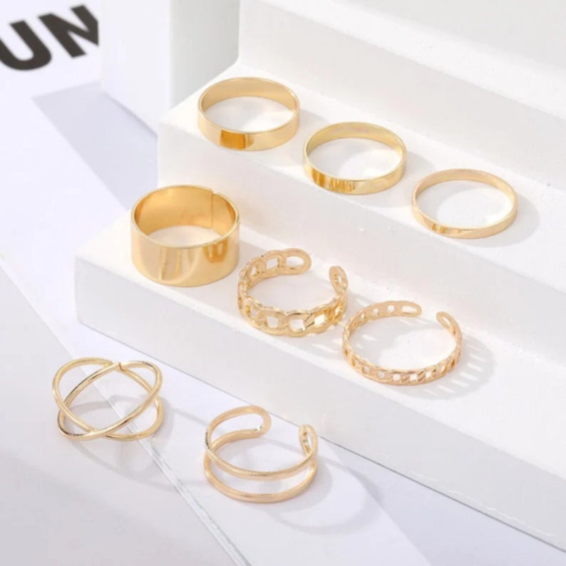 Conjunto de anillos redondos de plata de 8 piezas, conjunto de anillos punk circular, conjunto de anillos de oro, conjunto de anillos geométricos, anillos calados, conjunto de anillos múltiples, joyería de moda imagen 5