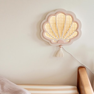 Wooden Seashell Kids Night Light: Boho Nursery Wall Decor Lamp with Remote, Ocean Room