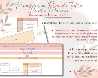 Planificateur du plan de table de votre mariage en français et au format excel facile d'utilisation wedding planner