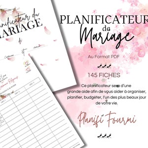 Peut inclure: Un planificateur de mariage imprimable rose et blanc avec le texte "Planificateur du Mariage" et "145 Fiches" en français. Le planificateur est décoré de fleurs aquarelle et du texte "Planifi Fourmi".