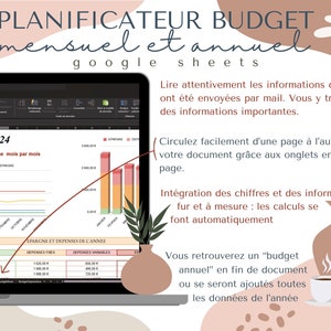 Google Sheets monthly and yearly budget organizer downloadable in French, easy to use, manage your expenses and income