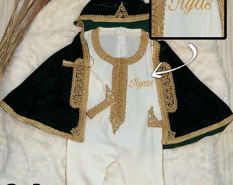 Costume traditionnel marocain 2 pièces blanc et vert royal