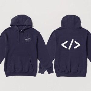 May include: Navy blue hoodie with a front pocket and hood. The front features a circular logo with the text "ADP apparel". The back displays a white code symbol. A comfortable, casual garment.