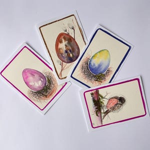 Set di 4 cartoline di auguri pasquali dipinte a mano ad acquerello - Originale, non una stampa - Elementi di muschio naturale - Dipinto con uovo di Pasqua e uccello