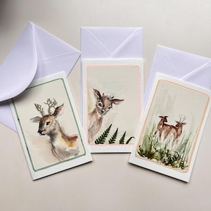 3er Set Handgemalte Aquarell Grusskarten- Original kein Druck- Natürliche Moos Elemente- Malerei mit Hirsch- Bambi