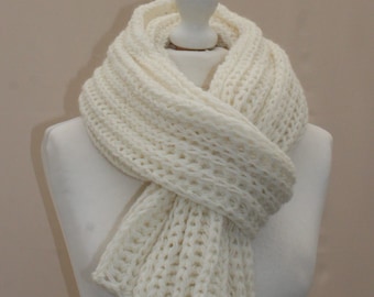 Hand-Knit Alpaca & Wool Blend Scarf /  Natural White / 11x63 inch/ Handmade accessories / unisex scarves