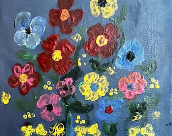 Dipinto acrilico floreale dai colori vivaci e brillanti, opera d'arte originale su tela con fiori selvatici, decorazione murale floreale vibrante per il soggiorno, opera d'arte dalla texture spessa