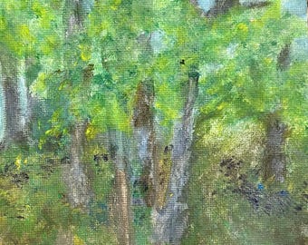 Original Acrylic Forest Painting, Verdant Spring Landscape, 5x7 Colors