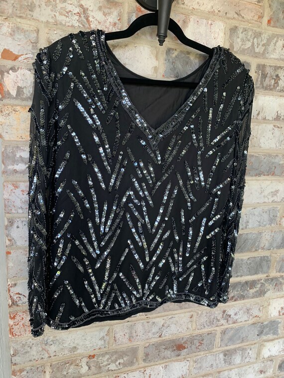 1980s Oleg Cassini sequins silk black blouse