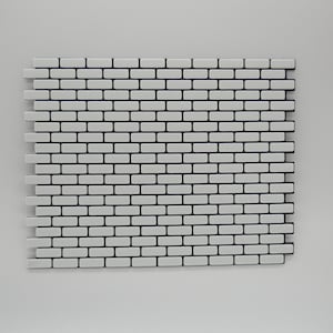 Könnte beinhalten: Weiße Ziegelwandverkleidung mit schwarzen Fugen. Die Verkleidung ist aus leichtem Material und einfach zu installieren.