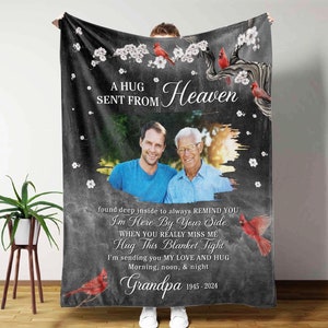 Personalized Memorial Dad Blanket, In Memory Of Photo, A Hug From Heaven Blanket, Memorial Custom Photo Blanket, Remembrance Gift