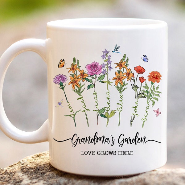 Mug jardin personnalisé de grand-mère, tasse de fleurs de naissance jardin de grand-mère, cadeaux de fête des mères pour le jardin de grand-mère, tasse jardin de grand-mère personnalisée