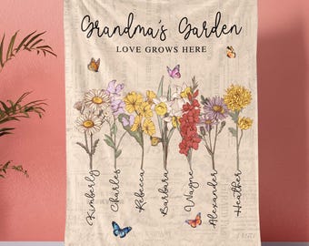 Personalized Grandmas Garden Gifts Blanket, Mothers Day Blanket Gift For Grandma, Grandma Gift Birth Month Flowers With Family Names Gift