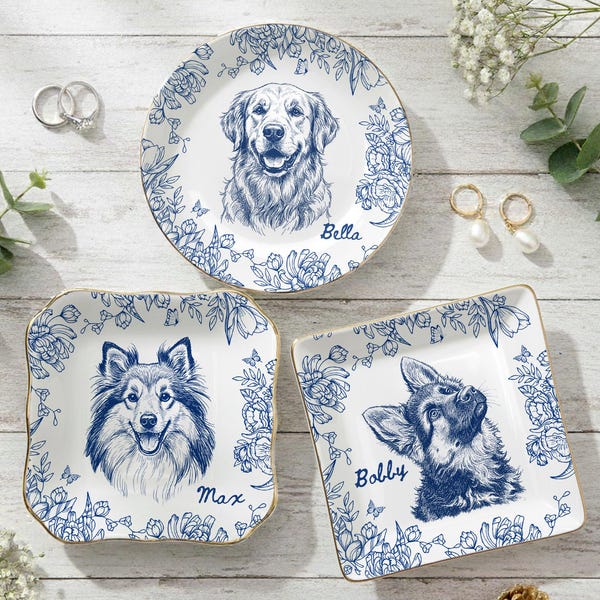 Custom Pet Jewelry Dish, Pet Memorial Jewelry Dish, Custom Dog Cat Portrait Ring Dish, Toile De Jouy Pet Ring Dish, Gift For Pet Owner