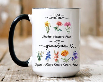 Personalized First Mom Now Grandma Ceramic Mug, Grandma's garden birth flower mug, Kids Birthflower Cup, Mother's Day Gift For Grandma