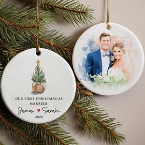 Personalized Watercolor Portrait Married Ornament, Our First Christmas As Mr & Mrs Ornament, Photo Newlywed Christmas Gift, Wedding Gift
