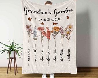 Personalized Grandmas Garden Blanket, Custom Birth Month Flower Blanket, Grandma Love Grows Here Blanket, Nana's Garden, Gift for Grandma