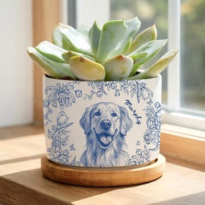 May include: A white ceramic planter with a blue illustration of a Golden Retriever dog and floral accents. The planter holds a green succulent plant and sits on a wooden saucer. The dog's name, "Murphy", is written on the planter.