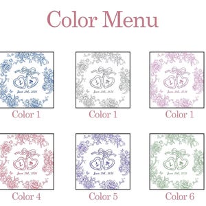 May include: A color menu featuring six design options for wedding invitations. Each design includes a floral wreath surrounding two connected hearts with initials and the date "June 21st, 2025". The text "Color Menu" is at the top.