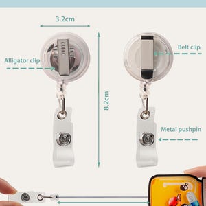 May include: Clear custom shape shaker badge reel with alligator clip, belt clip, and metal pushpin. The reel is 3.2cm wide and 8.2cm long, with a 75cm retractable cord. The text "Custom Shape Shaker Badge Reel" is at the top.