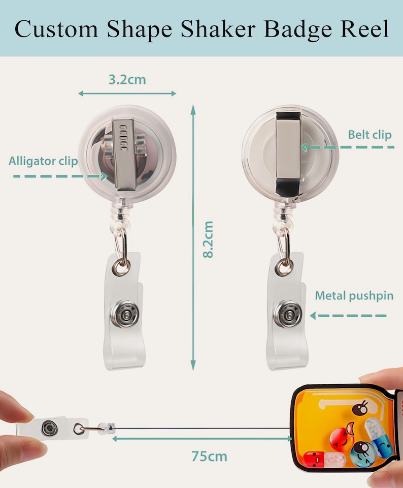 May include: Clear custom shape shaker badge reel with alligator clip, belt clip, and metal pushpin. The reel is 3.2cm wide and 8.2cm long, with a 75cm retractable cord. The text "Custom Shape Shaker Badge Reel" is at the top.