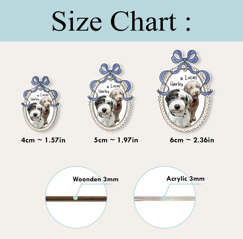 May include: Size chart featuring three oval dog portraits with blue ribbon details. Sizes are 4cm (1.57in), 5cm (1.97in), and 6cm (2.36in). Includes wooden and acrylic material samples at the bottom.